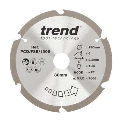 Afbeelding van Trend Vezelplaatzaagblad PCD, 190 mm diameter x 6 tanden 30 asgat, Polycrystalline diamantpunt, PCD/FSB/1906