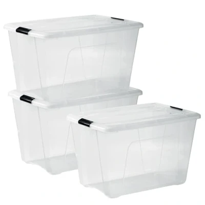 Afbeelding van Iris Ohyama, Boite Rangement Plastique avec Couvercle, 60L, Lot de 3, Transparent, Clips Fermeture, Poignée, Empilable, pour Chambre, Dressing, Bureau, Sans BPA, Caisse Rangement, Bac, NTB 60