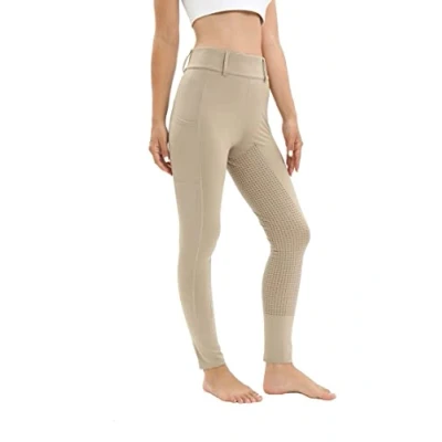 Afbeelding van Rijlegging voor dames, volledige bekleding met telefoonzak, hoge taille, rijbroek dames en meisjes, stretch riemlussen, Kaki, S