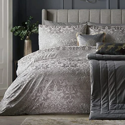 Afbeelding van Laurence Llewelyn Bowen luxe zilveren fluwelen dekbedovertreksets kingsize beddengoed (220 x 230 cm) en superzachte dekbedovertrekset damast dekbedovertrek
