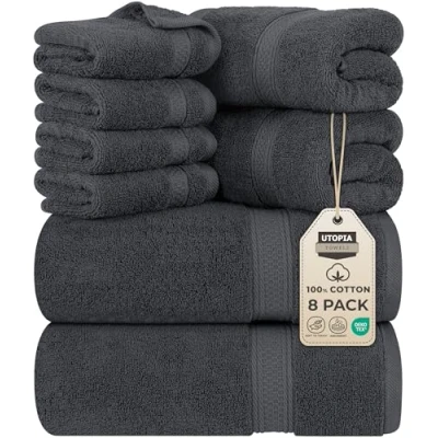 Afbeelding van Utopia Towels 8 Delige Handdoekset 2 badhanddoeken, handdoeken en 4 Washandjes Katoen Hotelkwaliteit Superzacht Zeer Absorberend (Grijs).