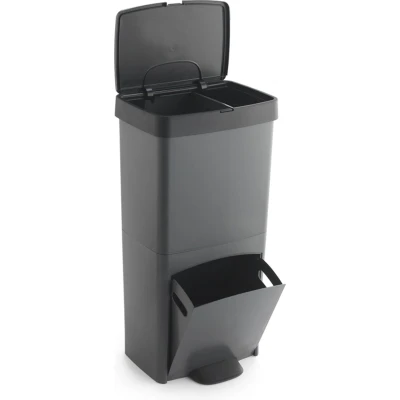 Afbeelding van Berner Afvalbak met naar keuze 1 of 2 vakken boven vak onder vuilnisbak afvalscheiding vuilnisemmer prullenbak pedaalemmer 30L en 40L 70L totaal Antraciet 100% gerecycled kunststof