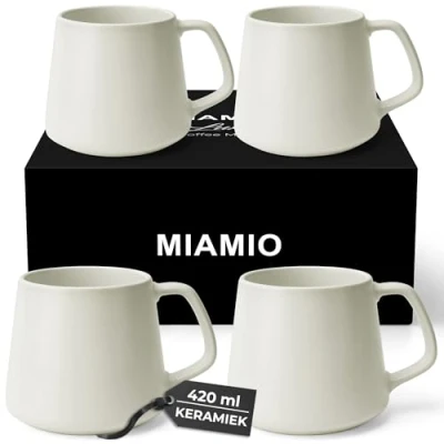 Afbeelding van MIAMIO Koffiemokken Set van 4 / Grote Keramische Koffiekoppen (420 ml) Mok voor Cappuccino, Thee, Espresso Magnetron en Vaatwasserbestendig Luxe Collectie (Wit)