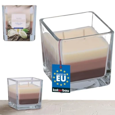 Afbeelding van KOTARBAU® Geurkaars met 2 lonten in glas, vanille, tweelontkaars, driekleurig, cadeau idee, aromatherapie, decoratiekaarsen, brandduur tot 32 uur