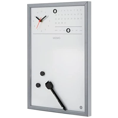 Afbeelding van Bi Office CG0117152 magneetbord met geïntegreerde klok en doorlopende kalender, MDF frame, gelakt staal, 30 x 45 cm, grijs