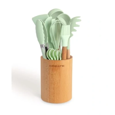 Afbeelding van CREATE Groene en houten accessoireset, 11 gebruiksvoorwerpen, siliconen beukenhout, BPA vrij, hittebestendig tot 230 C