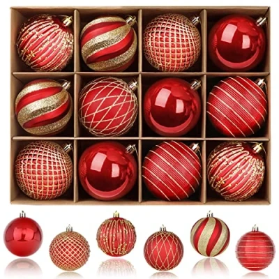 Afbeelding van SHareconn Kerstballen, 80 mm, 12 stuks gekleurde onbreekbare plastic decoratieve hangende boomdecoraties, ballenset voor kerstboom, decoratie, vakantie, feest, bruiloftsdecoratie met koord, rood en