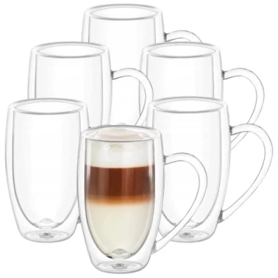 Afbeelding van Wilmax Dubbelwandige thermoglazen met handvat, set van 6, 500 ml, latte macchiato glazen, cappuccinoglazen koffieglazen, theeglazen, drinkglazen, thermokopjes