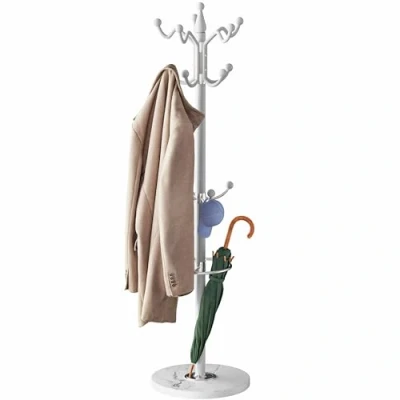 Afbeelding van CASARIA® Staande Kapstok Metaal Marmer 14 Haken 360 Draaibaar 37x37x175cm Garderobe Kledingrek Kleerhanger Wit