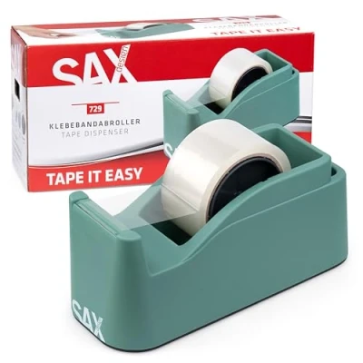 Afbeelding van SAX Tape it Easy XXL eenhands plakbanddispenser extra zwaar, voor 1 x 50 mm band of 2 25 band, pakketbanddispenser met pennenhouderfunctie, antislip, incl. dubbelzijdig lemmet, saliegroen