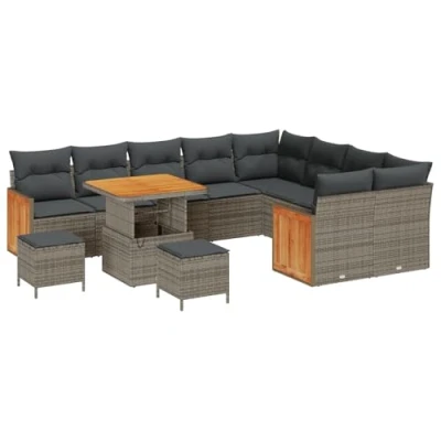 Afbeelding van vidaXL 12 delige Tuin Sofa Set met Kussens Grijs Poly Rattan Acacia, 3 Eet Acacia