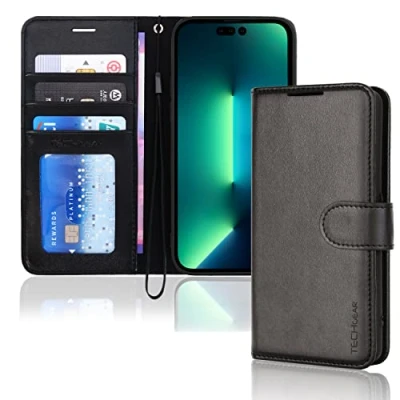 Afbeelding van TECHGEAR Beschermhoes voor iPhone 14 Pro Max, portefeuille, leer, met beschermklep, kaartsleuven, standaard en polsband, PU zwart, compatibel Max 6,7 inch