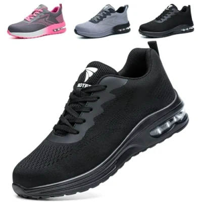 Afbeelding van WUAYAMI Veiligheidsschoenen voor dames en heren, lichte werkschoenen met stalen neus, licht, ademend, comfortabele veiligheidsschoenen, Zwart, 45 EU