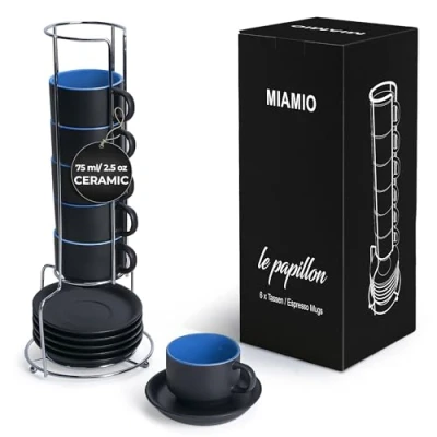 Afbeelding van MIAMIO 6 x 75 ml aardewerk espresso mok/mokken set zwarte buitenkant kleurrijke binnenkant (Blauw)