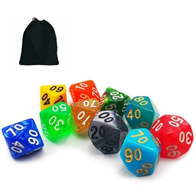 Afbeelding van Bescon 10pcs Set of Polyhedral D% Dice(00 90), 10 Count Assorted Random Multi Effected&amp;Colored Pack in Drawstring Pouch