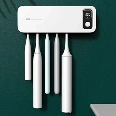 Afbeelding van BANJILI Uv tandenborstelhouder, sterilisator voor elektrische tandenborstel, wandmontage, badkamer, oplaadbaar, USB, 2000 mAh, met deksel, set tas (stomerij + desinfectie)