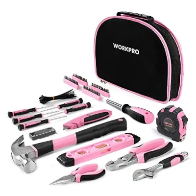 Afbeelding van WORKPRO Roze gereedschapsset, roze, 103 delig, huishoudelijke reparatie met tas, ideaal cadeau voor doe het zelvers