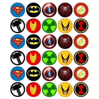 Afbeelding van Ronnies Bakery Company 30 Superhero Logo&#039;s Eetbaar Wafelpapier CAKE_TOPPER (Wit, Verjaardag, stuks)