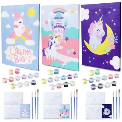 Afbeelding van Schilderen op Nummer voor Kinderen Eenhoorns, pakket 3 Doeken BONNYCO Eenhoorn Cadeaus Meisjes, Knutselsets Childeren Kits Jongens Meisjes Speelgoed,