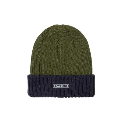 Afbeelding van SEALSKINZ Bacton waterdichte beanie muts voor koud weer met omgeslagen boord, olijfgroen/marineblauw, L/XL
