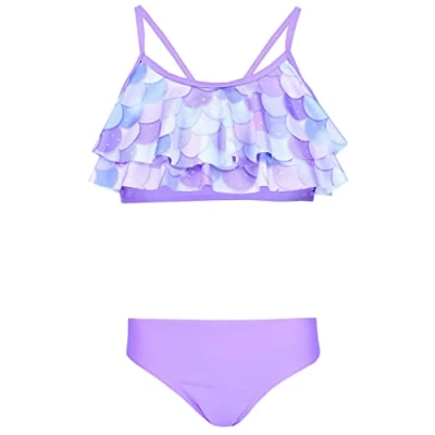 Afbeelding van Aquarti Meisjes Bikini Set Bustier Brief Tweedelig Badpak Zwempak, 030F met Ruches/Zeemeermin/Violet/Paars, 146