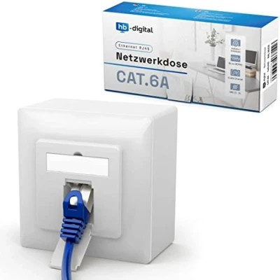 Afbeelding van hb digital 4 x CAT 6a netwerkcontactdoos voor CAT.8 CAT.7 CAT.6A CAT.6 CAT.5 installatiekabel met 1X RJ45 poort opbouw /inbouwgegevensdoos Universal EIA/TIA 568A &amp;B 8P8C Gigabit Ethernet RAL9003