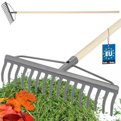 Afbeelding van KOTARBAU® hark van metaal met 16 tanden houten steel, tuinhark versterkte kop, voor bladeren en gras, steenhark, bladbreken, gazonhark, tuingereedschap,