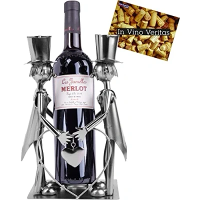 Afbeelding van BRUBAKER Wijnfles Houder Bruidspaar Man + Mannen Bruidegom Decoratief Object Metalen met Wenskaart voor Huwelijkscadeau Flessenhouder Wijn Geschenk Wijnrek