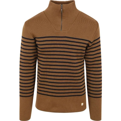 Afbeelding van Armor Lux Camionneur Half Zip Trui Wol Strepen Bruin maat M Heren met Regular fit Pasvorm
