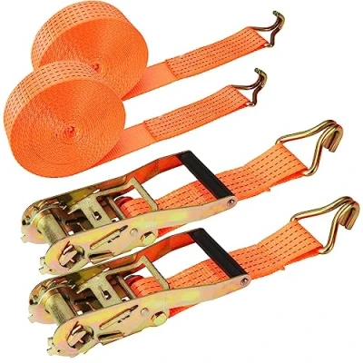 Afbeelding van 2 stuks ratelriemen, 5000 kg, 6 m, heavy duty, verstelbare sjorriemen, oranje spanbanden met ratel en haak voor cargo, motorfiets, vrachtwagen, aanhanger