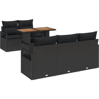 Afbeelding van vidaXL 6 delige Tuin Sofa Set met Kussens Zwart Poly Rattan Acacia, 2 Zits