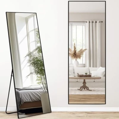 Afbeelding van Melodieux Full body spiegel, 161 x 52 cm, volledige lengte, grote vrijstaande zwart aluminium frame, aankleedspiegel, wandmontage, hangende leunende spiegel voor woonkamer, slaapkamer