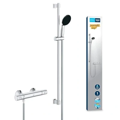 Afbeelding van Grohe Precision Start 34854001 Doucheset met thermostaat, waterbesparend 8 l/min (1 straalsoort, veiligheidsvergrendeling bij 38 C, 90 cm douchestang, incl. montagegereedschap), rond, chroom