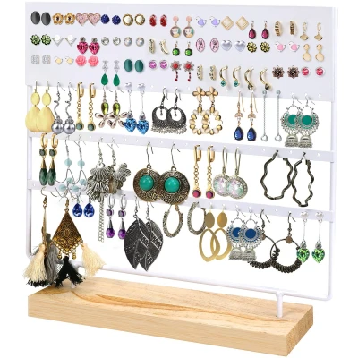 Afbeelding van Belle Vous Wit Metalen Oorbel Organizer Sieraden Display Standaard met Houten Basis 144 Gaten, 3 Lagen Opslag Voor Hangende Oorbellen, Kettingen &amp; Knopjes Houder Rek Dames Meisjes