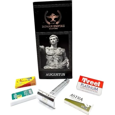 Afbeelding van Augustus Dubbel Scheerapparaat van Roman Empire Shaving Klassiek Safety Razor staal met 20 scheermesjes set messen (Astra Derby Shark Treet)