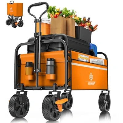 Afbeelding van KESSER® Bolderkar, opvouwbaar, transportkar, gereedschapswagen, incl. 2 netvakken, zijzak en cover, inklapbaar, pvc banden tot 80 kg draagvermogen, transportwagen, tuinaanhanger zonder dak, oranje