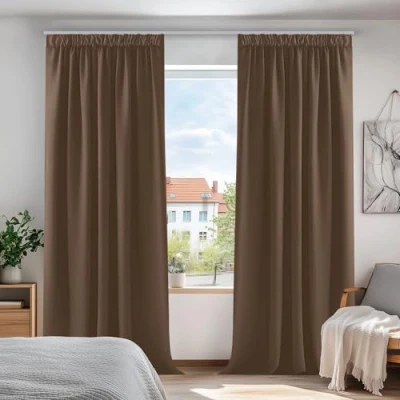 Afbeelding van Deconovo Verduisterende Gordijnen Plooiband, Bruin, 140x245 cm (B x H), set van 2, Gordijn Warmte isolerend voor Raam, Slaapkamer, Kant en Klaar