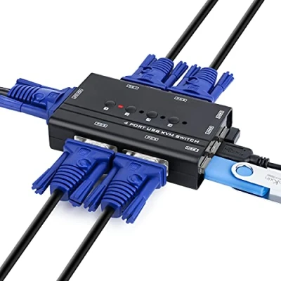 Afbeelding van TCNEWCL USB VGA KVM switch met 4 kabels, poorts selectieschakelaar voor PC delen één videomonitor en 3 apparaten, toetsenbord, muis, scanner, printer