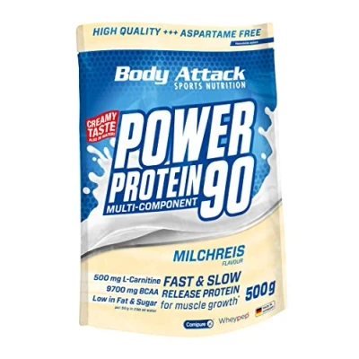 Afbeelding van Body Attack Power Protein 90, melkrijst, 500 g, 5K eiwitpoeder met wei proteïne, L carnitine en BCAA voor spieropbouw fitness, Made in Germany