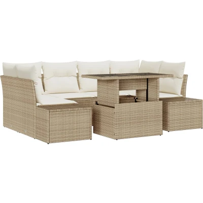 Afbeelding van vidaXL 7 delige tuinset met kussens Beige Poly Rattan