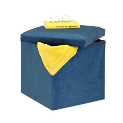 Afbeelding van Relaxdays poef met opbergruimte, opvouwbaar, hocker van MDF &amp; fluweel, HBD: 38 x cm, stoffen voetenbank, blauw