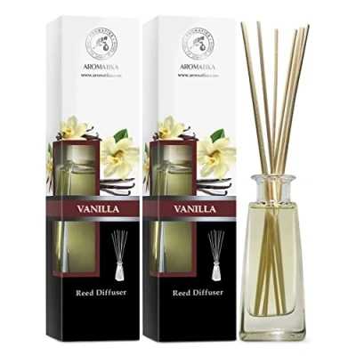 Afbeelding van Aroma Diffuser SET met essentiële olie van Vanille 2x100ml 8 Rotanstokjes Zonder Alcohol Beste Luchtverfrisser voor Thuis Kantoor Spa Aromatherapie