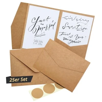 Afbeelding van Japun Pocketfold blanco kraftpapier kaarten inclusief enveloppen (DIN B6), bruiloft, uitnodiging, ontwerp, label ... (25)