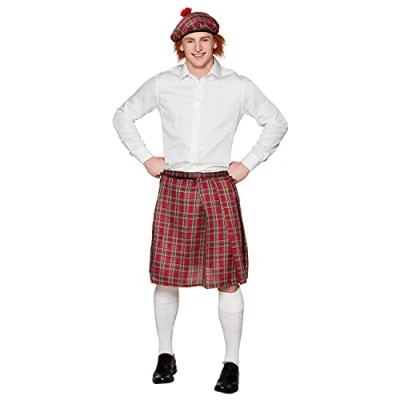 Afbeelding van Boland Schot set voor mannen, geruit, kilt en barrett, minirok, pet, Schotse vrouw, dame, Schotland, St. Patrick&#039;s Day, kostuum, carnaval, themafeest