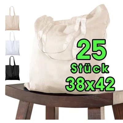 Afbeelding van katoenen opvangzak 38x42 25 stuks natuur voor kinderen met KORT handvat Unbedded OEKO TEX® gecertificeerd stoffen tas, draagtas, 140 g/m dikke boodschappentas