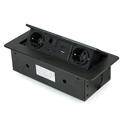 Afbeelding van Emuca Uitschuifbare en in de tafel intrekbare meervoudige stekkerdoos, stekker (EU type F, USB A+C, RJ45 HDMI), 265 x 120 mm, Zwart