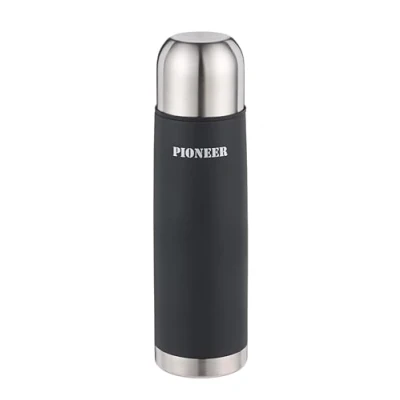 Afbeelding van Pioneer Thermosfles van hoogwaardig roestvrij staal met drukknop en drinkbeker, 1,0 liter, dubbelwandige vacuümconstructie, 8 uur warm, 24 koel, 100% lekvrij, BPA vrij, zwart