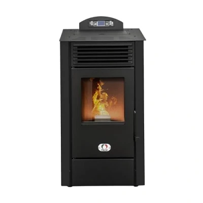 Afbeelding van STUFE A PELLET ITALIA California 8 kW heteluchtoven, efficiëntie 91%, verwarmingsvermogen 70 m², autonomie 20 uur, programmeerbaar, 5 snelheden en vermogensniveaus, compact design, 24 maanden, zwart
