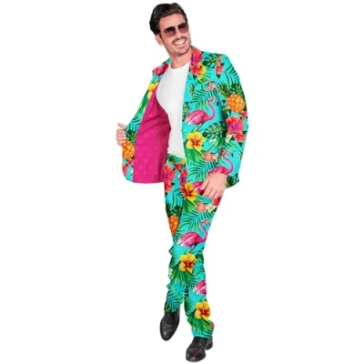 Afbeelding van Widmann Kostuum party fashion pak, flamingo patroon, jas en broek, neon, Hawaii, paradijsvogel, showmen