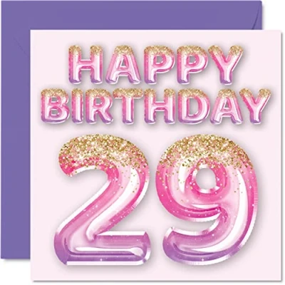 Afbeelding van 29e verjaardagskaart voor vrouwen roze en paarse glitterballonnen gelukkige verjaardagskaarten 29 jarige vrouw dochter zus tante neef, 145 mm x negenentwintig negenentwintigste